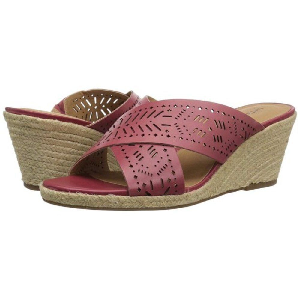 LUCKY BRAND Berry Mule Slides Slip On Open Toe Leather Wedge 10 WIDE Width Shoes